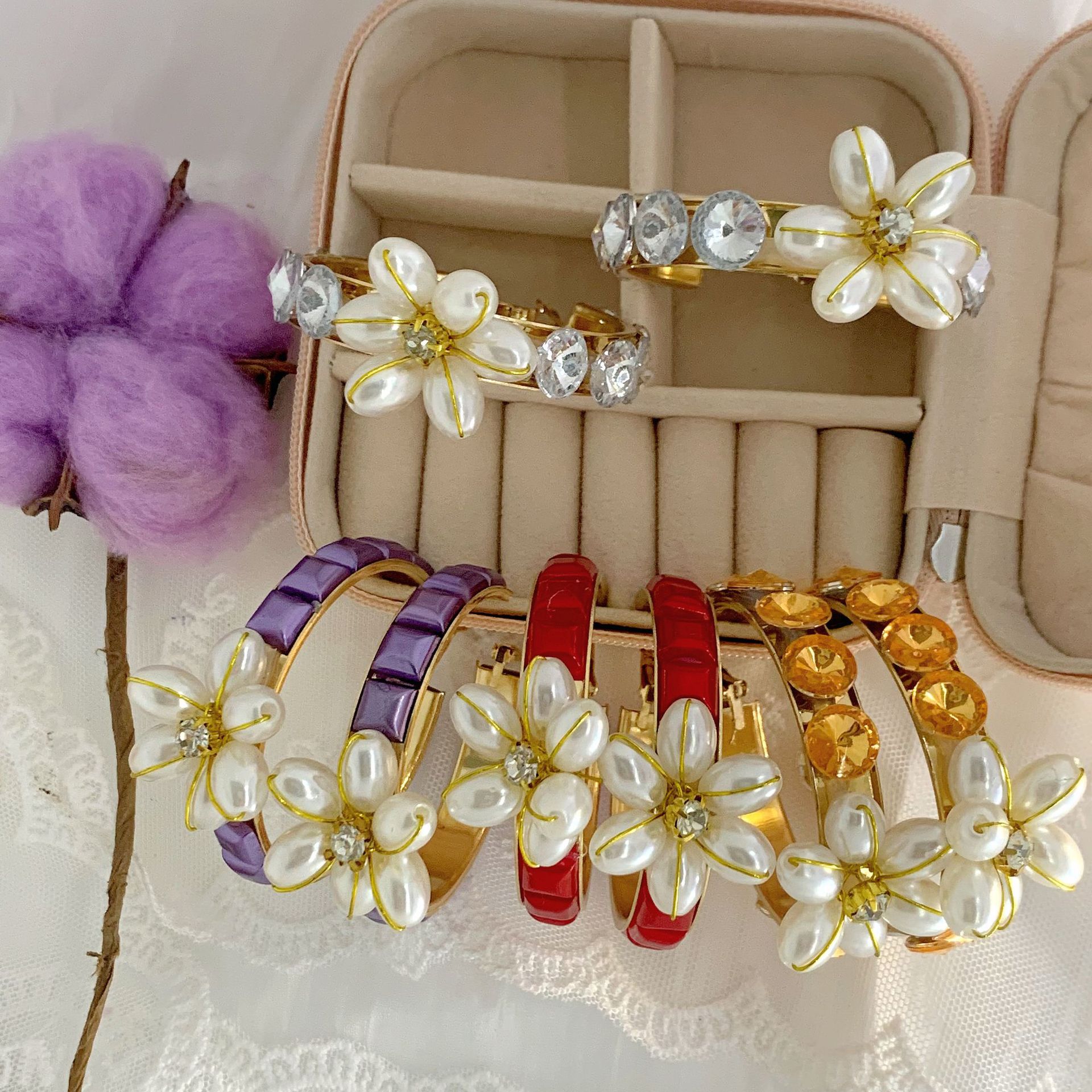 Fashion Flower Imitation Pearl Alloy Inlay Rhinestones Womenu0027S Hoop Earrings 1 Pair