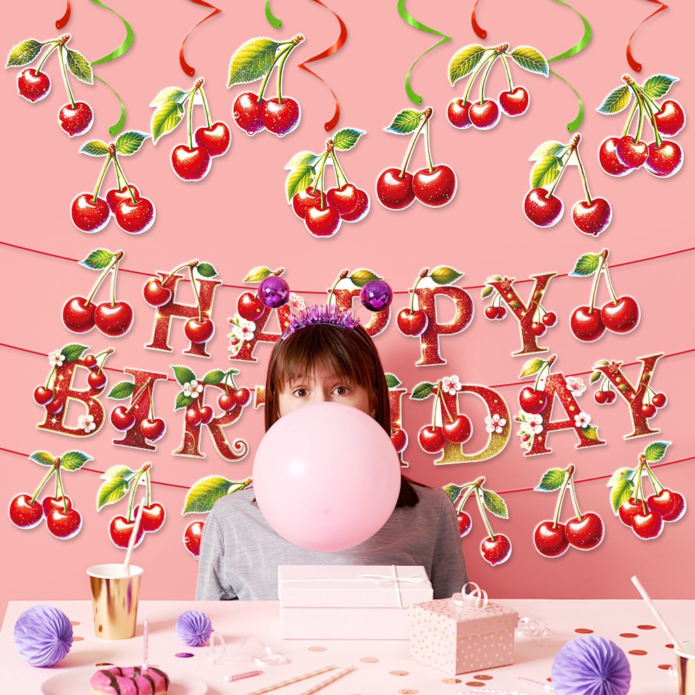 Decoración de fiesta de cumpleaños de cereza transfronteriza bandera de cereza pancarta espiral decoración de cumpleaños accesorios