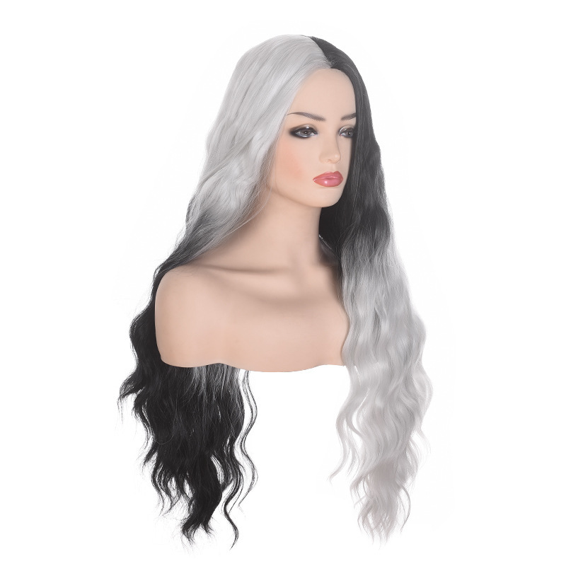 Cosplay pelucas Halloween juegan toque de cabeza en blanco y negro en medio de gradiente europeo y americano pelucas longas