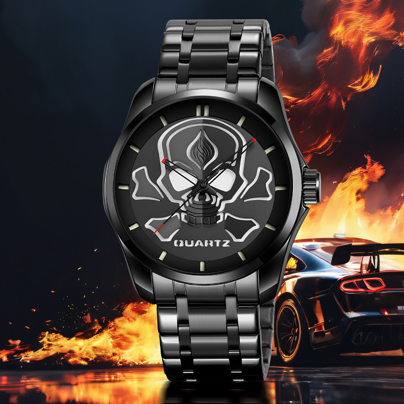 Creative 3D Skull Quartz Watch Men's European and American Cross-Border Punk Style Steel Band Wrist Watch Wholesale Watch Supplier