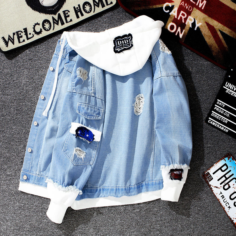 Men's autumn hooded Korean denim jacket,...