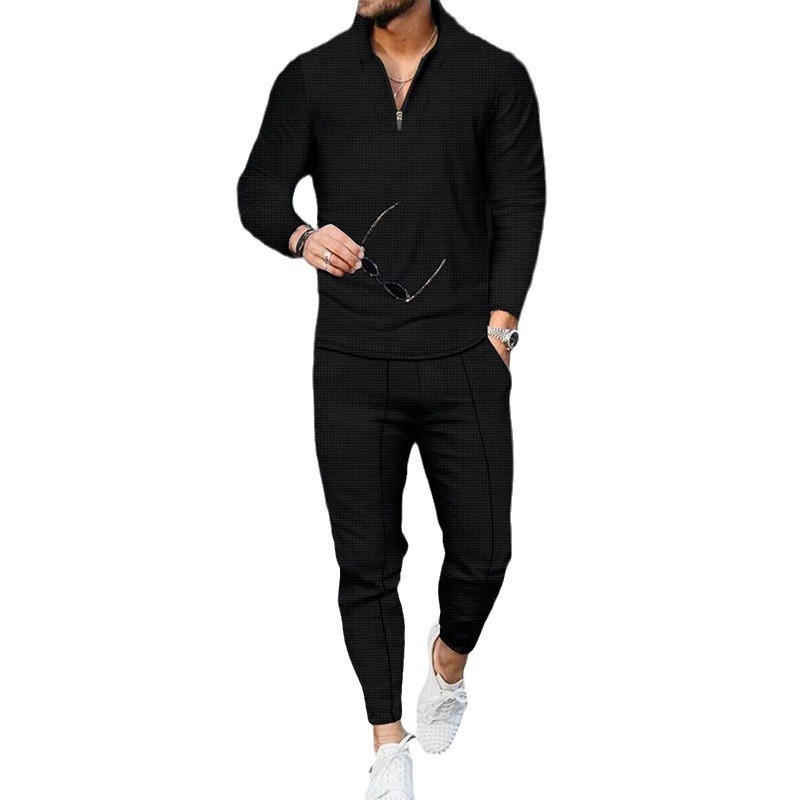 Traje de cuello alto con costuras de manga larga de gofres transfronterizos Ropa deportiva con media cremallera de moda casual de alta gama para hombres