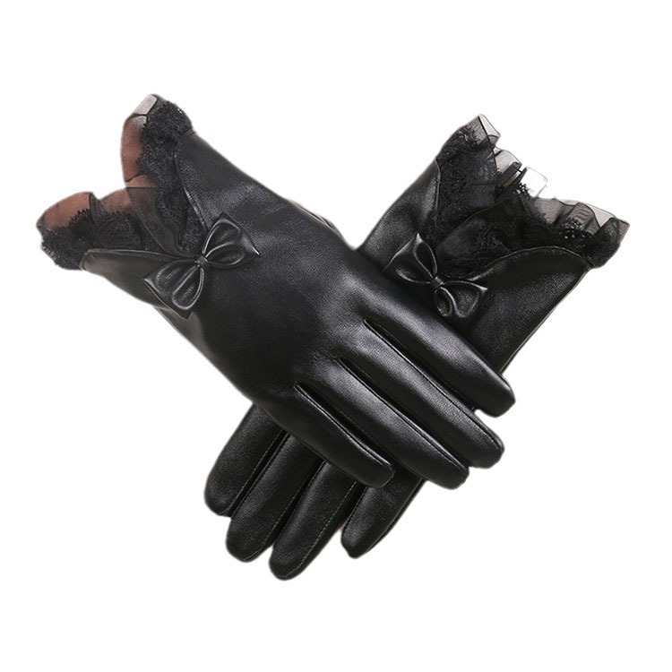 Guantes cálidos de Invierno para mujer nuevos guantes de cuero de PU con cordones forrados de lana de invierno engrosados guantes de cuero de pantalla táctil