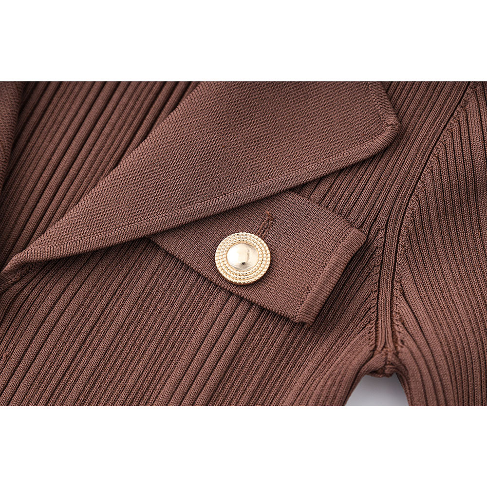 Women's Long Sleeve Blazer Collar Midi Dress Metal Buttons Rib Knit Bodycon Elegant Office Evening Wear Slip Dress_ecoleips.com
