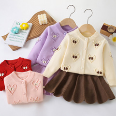 Children's Sweater Girls Baby Autumn and Winter New Fashion Long-sleeved Knitted Top Korean Style Girl's Love Flower Sweater Dress 