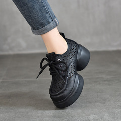 真皮坡跟涼鞋女2024新夏季復古休閒羅馬松糕鞋厚底高跟鏤空洞洞鞋