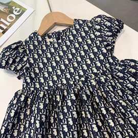 女童字母提花连衣裙夏季新款泡泡袖公主裙韩版A字裙宝宝时尚童装