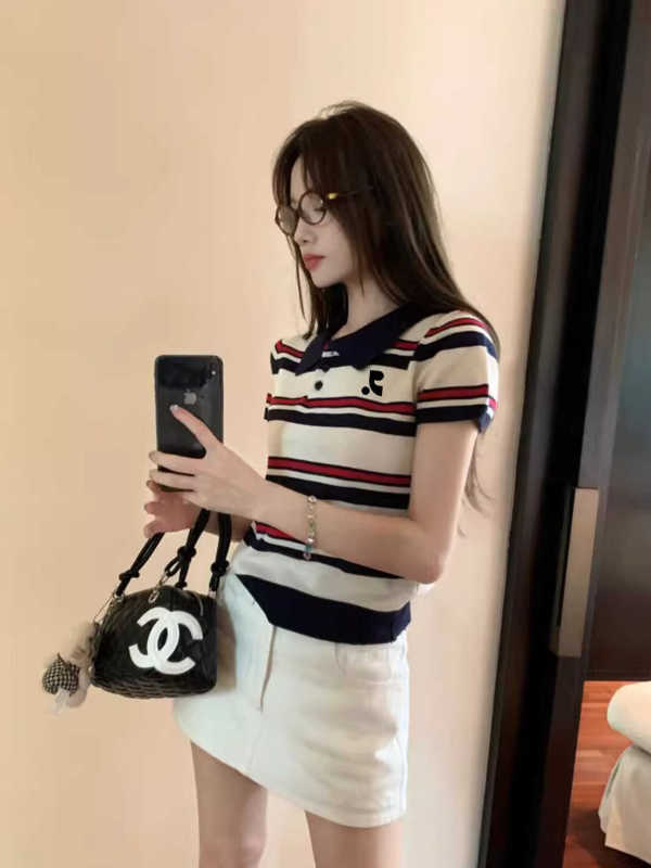 条纹polo翻领针织冰丝短袖t恤女正肩短款上衣|undefined