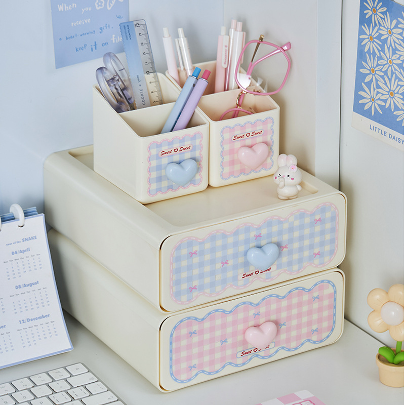 Sweetheart Girl Drawer Storage Box Pink Desktop Storage Rack Makeup Brush Barrel Storage Office Sundries Organizing Rack