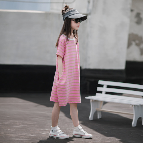Girls' Korean style loose and versatile short-sleeved T-shirt summer wear new style girls' dresses baby fashionable striped T-shirt trendy