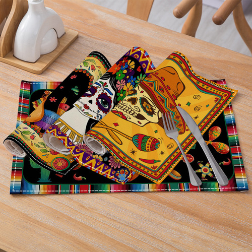Mexican Style Linen Table Mat Rectangle Striped Print Heat Insulating Mat Kitchen Restaurant Decoration Dining Table Mat