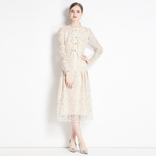 秋冬女装长袖蕾丝连衣裙2025年新款高级感气质白色刺绣花长裙子