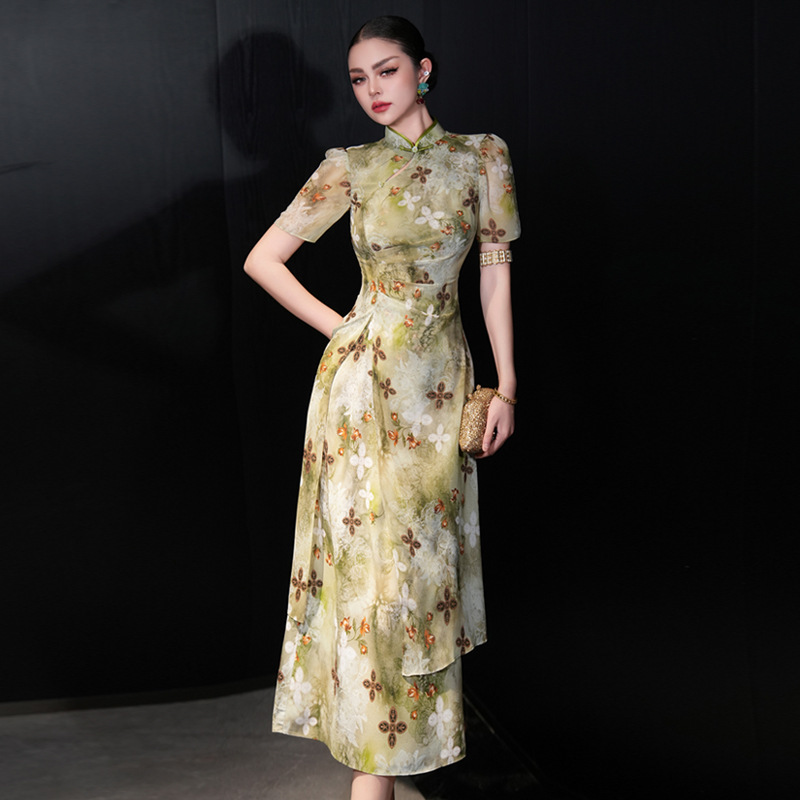 Feimengyi パープルプリント新中国ドレス女性の夏の国民風スタンドカラースリムプリーツ改良されたチャイナドレス|undefined