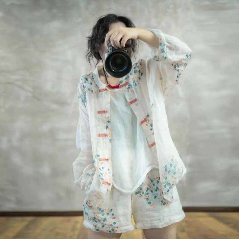 2025 Весна Лето Новый китайский стиль, свежая печать, легкая рубашка, повседневные шорты набор из двух частей