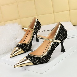 3739-A6 French style small fragrance temperament shallow mouthed pointed pearl straight line with high heels, women's shoes, high heels
