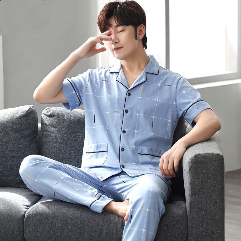 Pijamas de verano de algodón, pantalones de mangas cortas para hombres, ropa de hogar de verano más grande se puede usar fuera