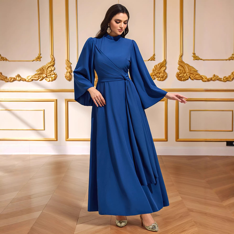 New Round-Neck Robe, Cross-Border Solid Color Elegant Waist-Cinching Long Dress, Fashionable Turkish Flared Dress New Round-Neck Robe, Cross-Border Solid Color Elegant Waist-Cinching Long Dress, Fashionable Turkish Flared Dress