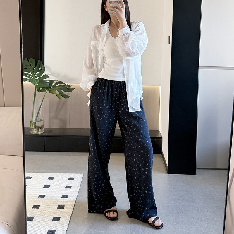 Summer Ice Silk Linen Breathable Straight Wide-Leg Cut Floral Women's Pants with Cool Fabric and Elastic Waist Casual Pants