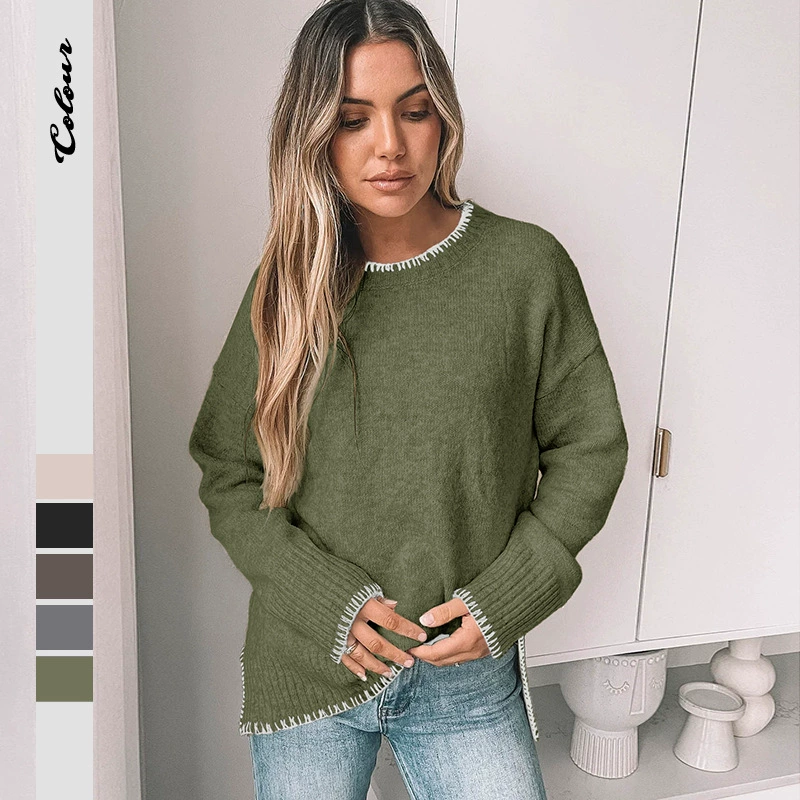Женский трикотажный свитер с круглым вырезом, простой повседневный стиль, длинный рукав, популярная модель осень-зима 2024 года, европейский и американский стиль, для трансграничной торговли.