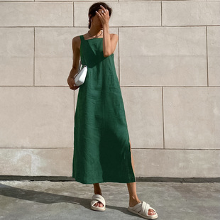 Cross-border European and American 2024 Summer Green Cotton and Linen Cool Sling Nightdress Loose Casual Comfortable Women's Home Clothes Wholesale