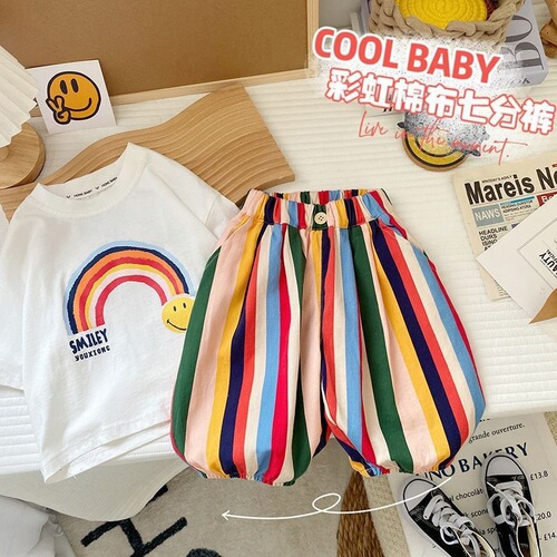 2025 new summer dress baby Western-style all-match top for boys, rainbow strip, quarter pants, two-piece trendy children's suit