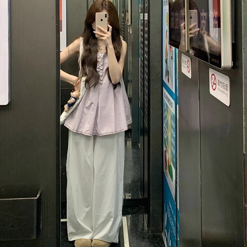 2025年女性用のとても美しい夏のスーツ、2025年の新しいスタイルのサイドノースリーブベスト、ワイドレッグパンツの2点セット、とても美しくて美しい|undefined