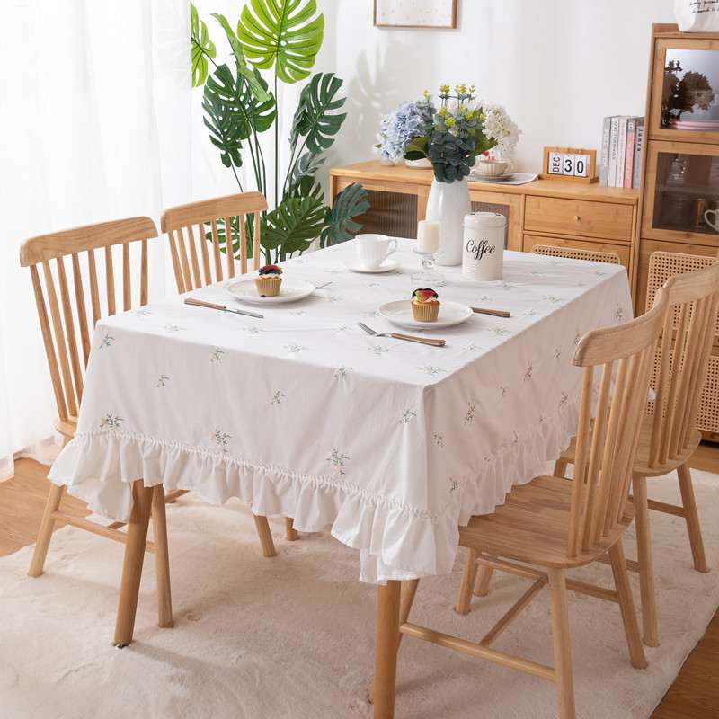 Fresh Style All-Cotton White Base Embroidered Floral Ruffle Hem Tea Dining Tablecloth Dropshipping_voghion.com