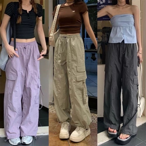 American-style parachute work pants for women, summer Hong Kong style loose drawstring wide-leg bootcut pants #2133