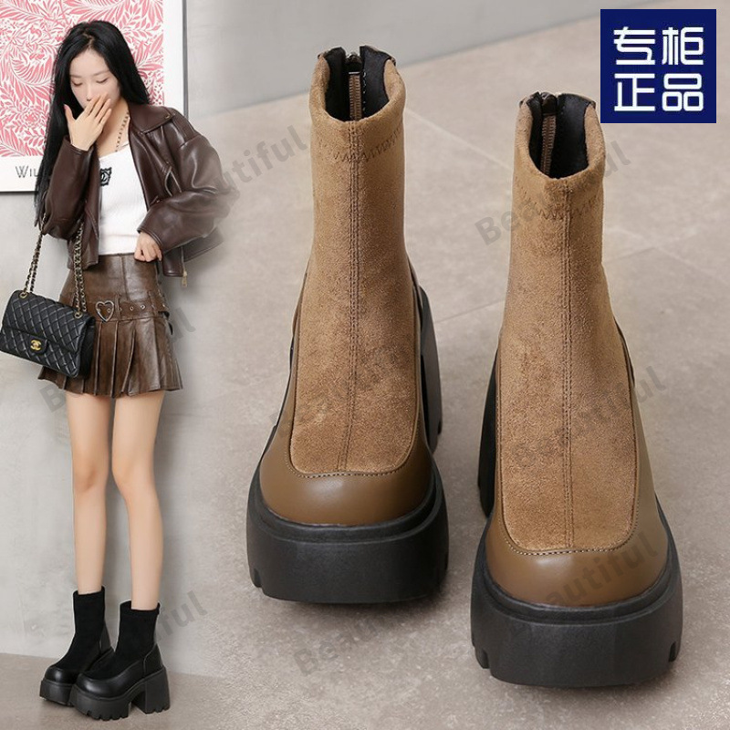 Retro Boots for Women British Style 2025 Autumn and Winter New Style Small Thick Sole Heightening Black Thick Heel Slim Short Boots