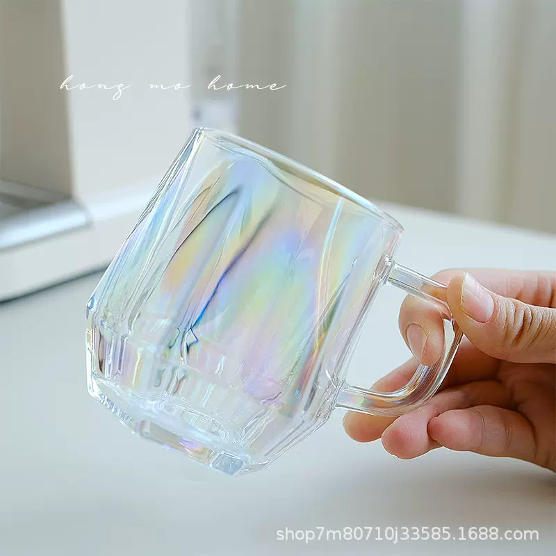 玻璃咖啡杯彩色高颜值小众水杯ins风菱形六角创意设计喝水饮料杯