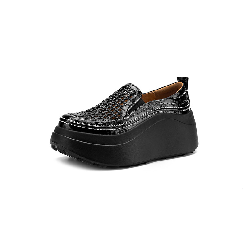 Giày sandal cao gót nữ hở mũi đế dày da thật mũi tròn phong cách lười — màu đen, màu trắng ngà