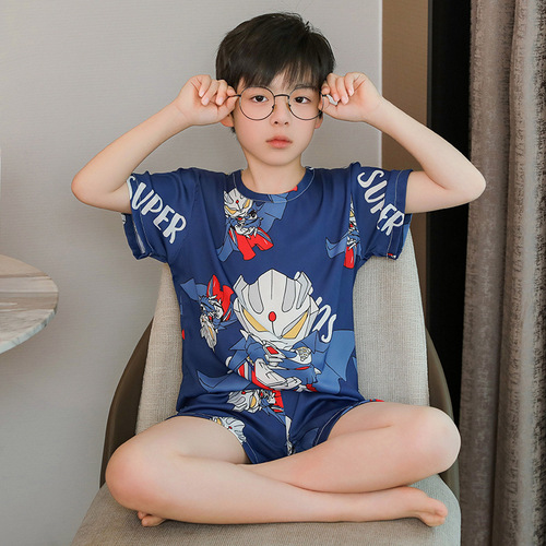 Children's Pajamas Boys Summer Ice Silk Boys Simulated Silk New Thin Medium and Large Children's Short-Sleeved Home Clothes Set