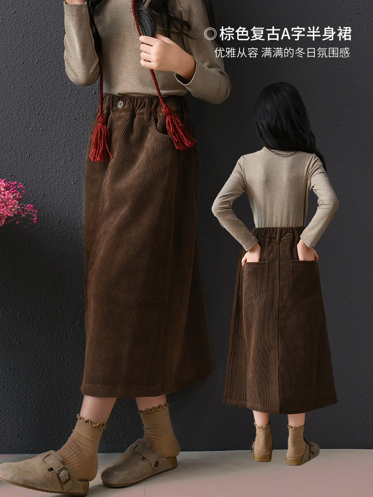 Falda de media longitud para niñas otoño e invierno para niños, falda cálida de pana de cintura alta retro para niños