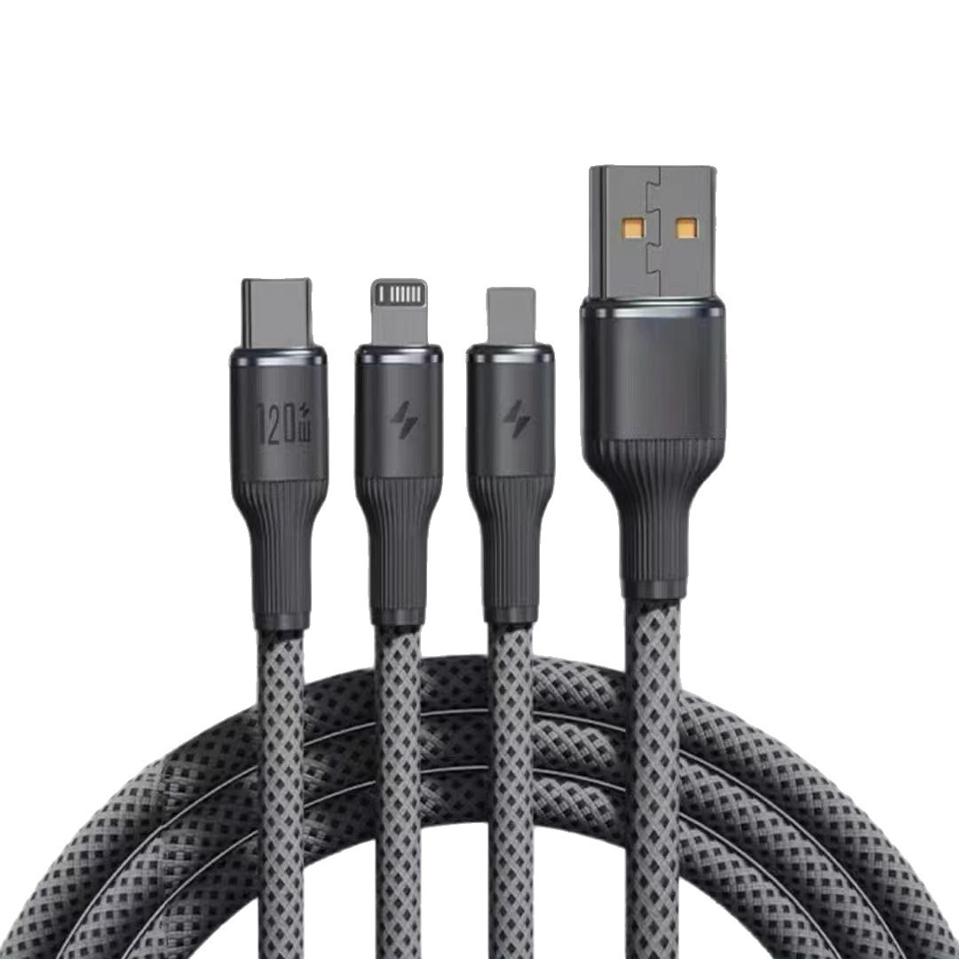 3-in-1 120W Super Fast Charging Braided Mobile Phone Charging Cable, Suitable for Apple Type-C and Android Data Cables.