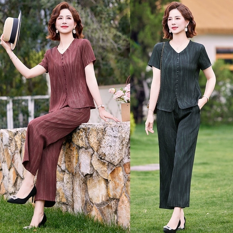 Весенне-осенний повседневный костюм для мамы среднего возраста, осень 2025, новый весенне-осенний повседневный комплект из двух предметов с принтом для женщин среднего и пожилого возраста