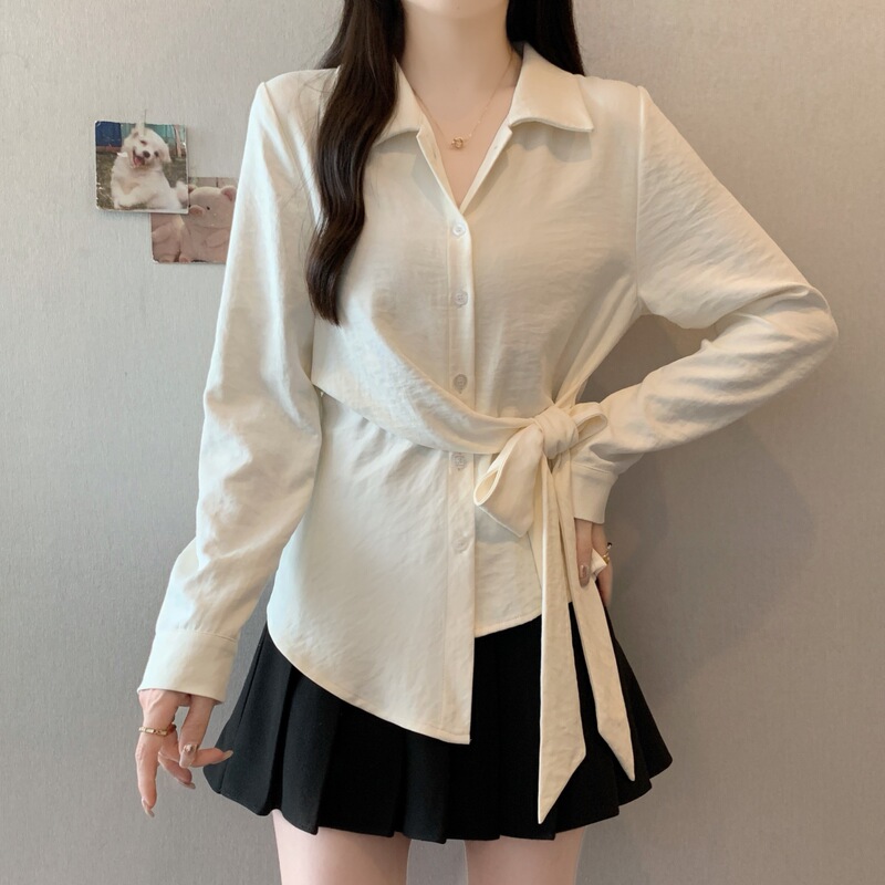实拍2025秋季设计感系带收腰显瘦衬衫女长袖不规则下摆衬衣80396|undefined