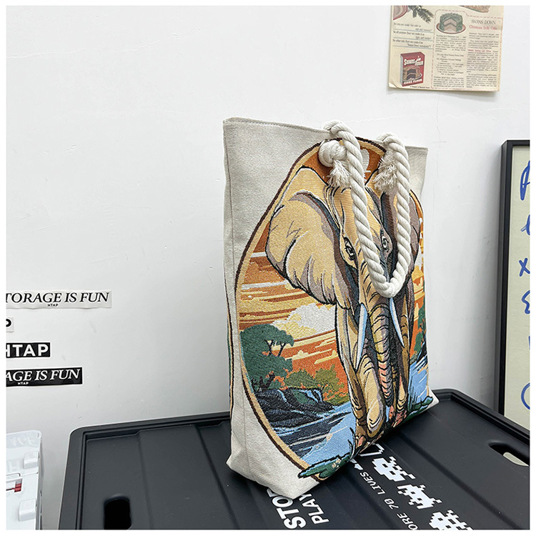 300g Weight Polyester Lining Material Zipper Closure Type Single Shoulder Strap Strap Type Tote Bag Bags Type Holiday, Travel Occasion Canvas Material Elephant Pattern All Seasons Season Women's Gender Ethnic Style, Classic Style Style Square Shape Medium Size Women's Medium Canvas Elephant Ethnic Style Classic Style Square Zipper Tote Bag 33