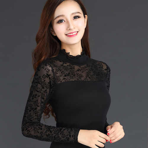 Spring and Autumn New Black Fungus Lace Net Mesh Camisole Top for Women, Slimming Long-Sleeve T-Shirt Top