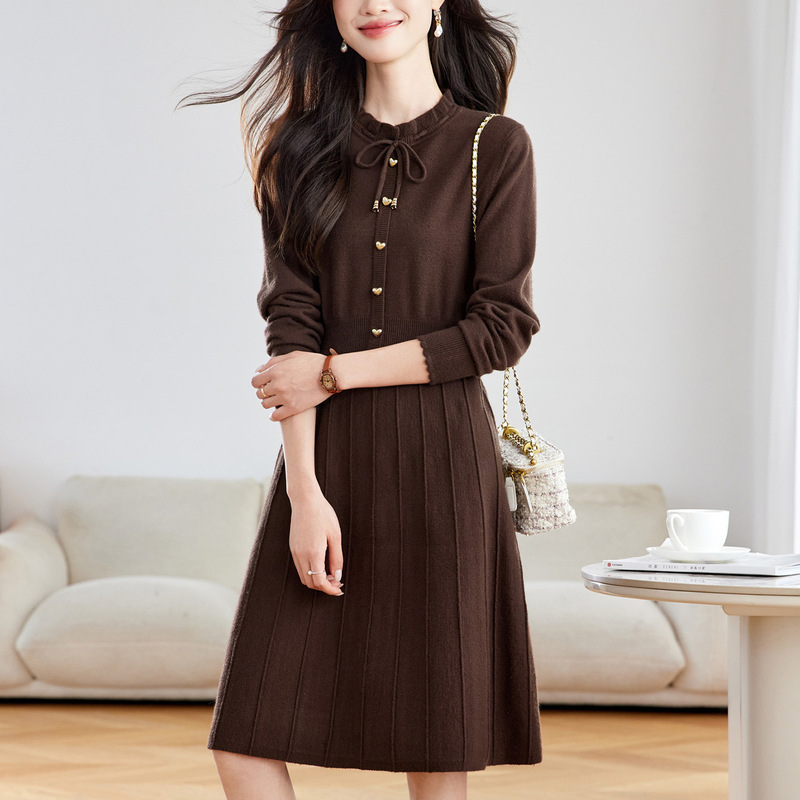 Autumn and Winter Mid-Length Sweater Dress, Stylish Ear-Hemmed Waist Dress, Slimming Look Elegant, High-End Knitted Bottoming Shirt