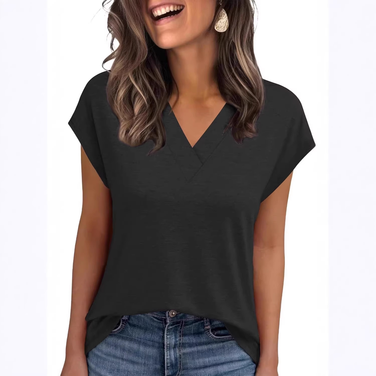 2026 Women Summer Casual V Neck Cap Sleeve Basic Tops_ecoleips.com
