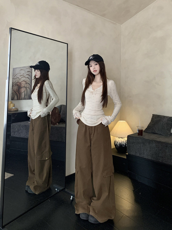 韩系花边蝴蝶结v领长袖T恤女2025秋季新款设计感叠穿修身打底上衣|undefined