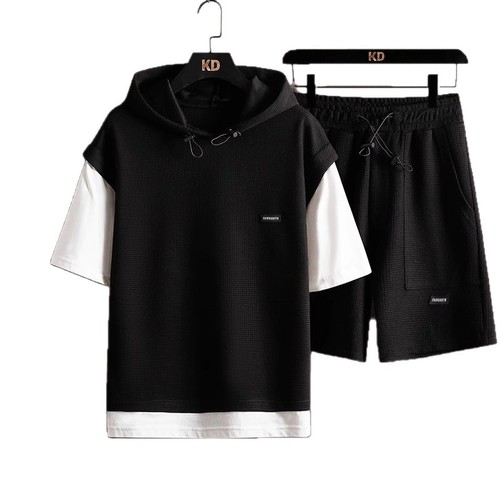 Men's Loose Plus Size Honeycomb Short Sleeve Suit Set, Summer Trend Brand Pseudo Two-Piece Hooded T-Shirt, Complete Set for Men