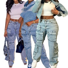 HR88003 欧美时尚女装 弹力牛仔面料 立体多袋工装风格牛仔长裤