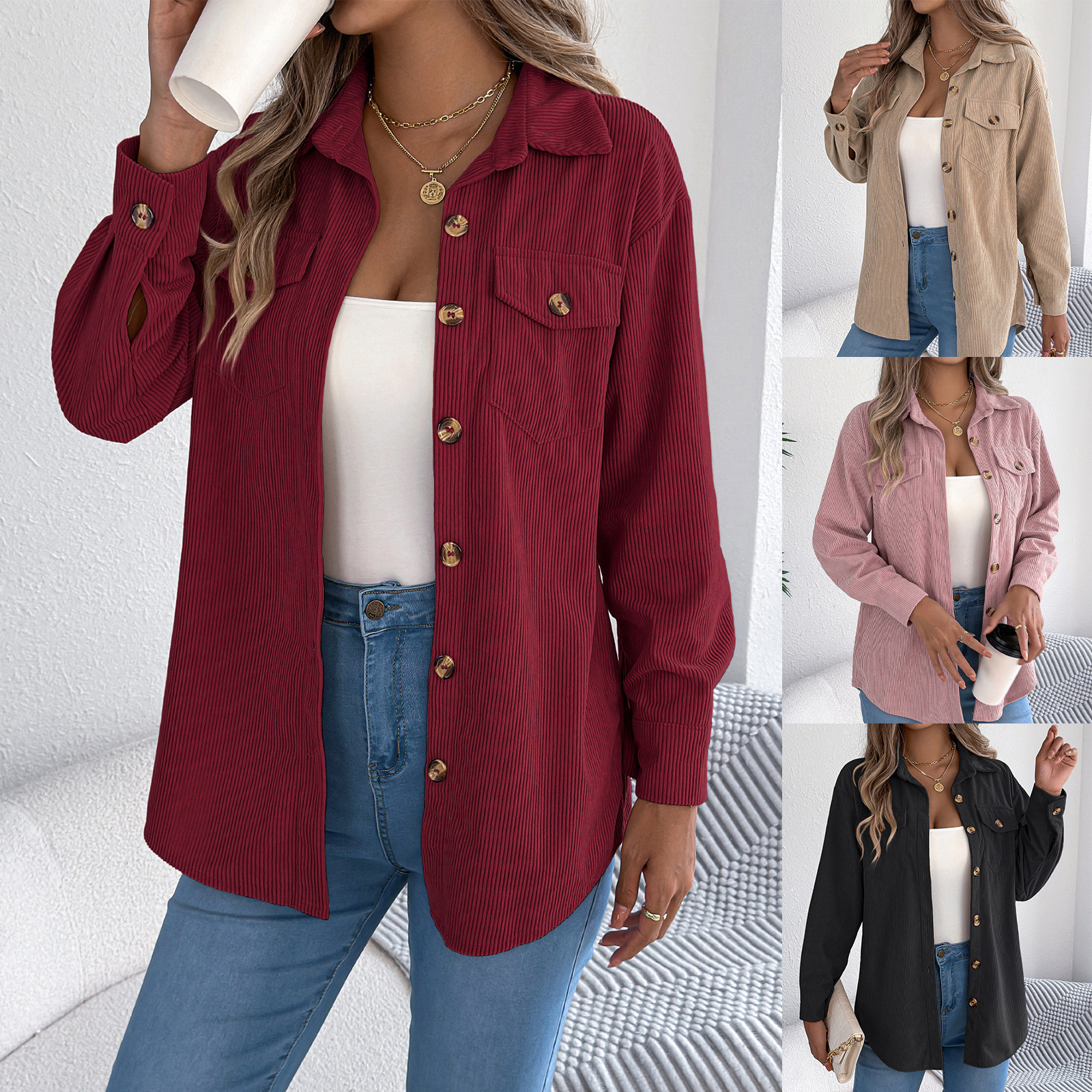 2025 Autumn and Winter European and American Fake Flap Pocket Pants Long-Sleeved Corduroy Mid-Length Jacket Independent Cross-Border Women's Clothing