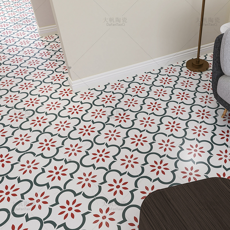 红绿小灯笼花砖玄关走廊墙裙复古花片瓷砖餐饮连锁店阳台地砖300