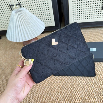 Comes with Gift Box, Free Birthday Gift, Camellia Pendant, Black Velvet Quilted Clutch Bag, Long Wallet, Handbag