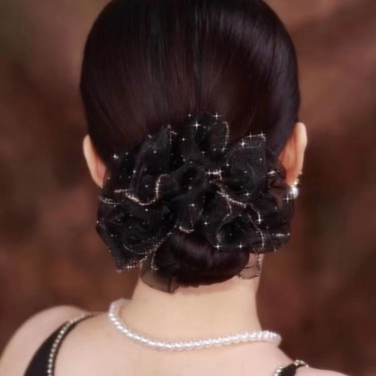 Elástico de cabelo elegante com estampa de botão de flor preta e céu estrelado, de alta elasticidade, ideal para coques._voghion.com