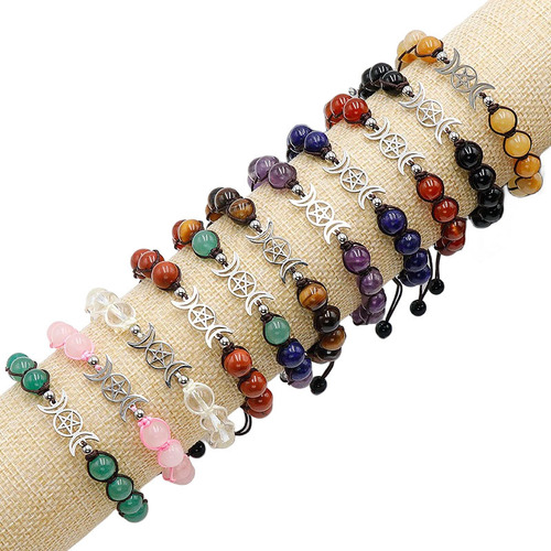 Natural Crystal Quartz Chakra Triple Moon 8mm Round Bead Bracelet with Colorful Stone Weaving Cross-border Direct Supply