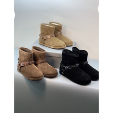 外贸原单2025新款真皮羊毛皮带扣雪地靴女加绒保暖短靴平底棉鞋女
