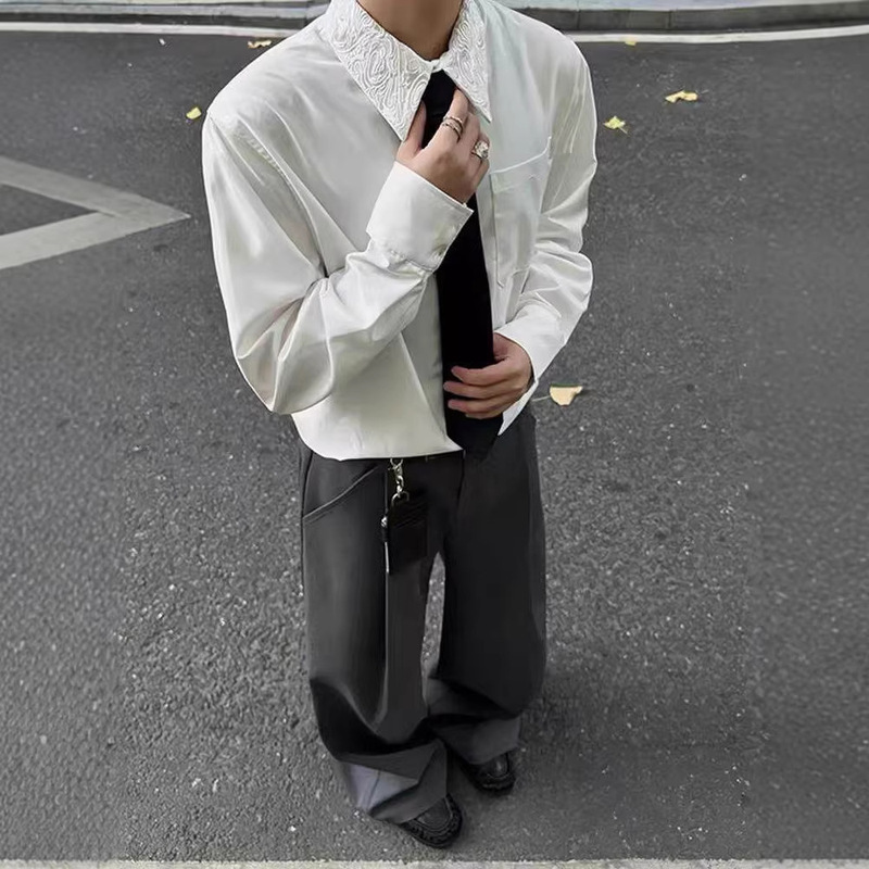 Embroidered Floral Collar White Long-Sleeved Shirt for Men, Spring and Autumn Cleanfit Design, High-End Casual Shirt Jacket